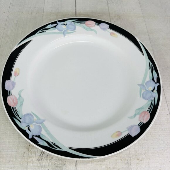 Excel CARAVEL Pink Purple Floral Iris Tulips Black Border Dinner Plates Set of 4 - Picture 2 of 16